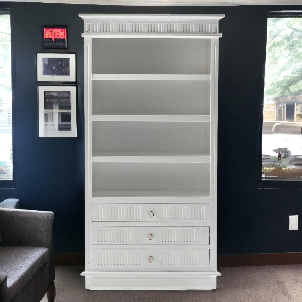 75" Antiqued White Solid Wood Four Tier Bookcase with Three Drawers