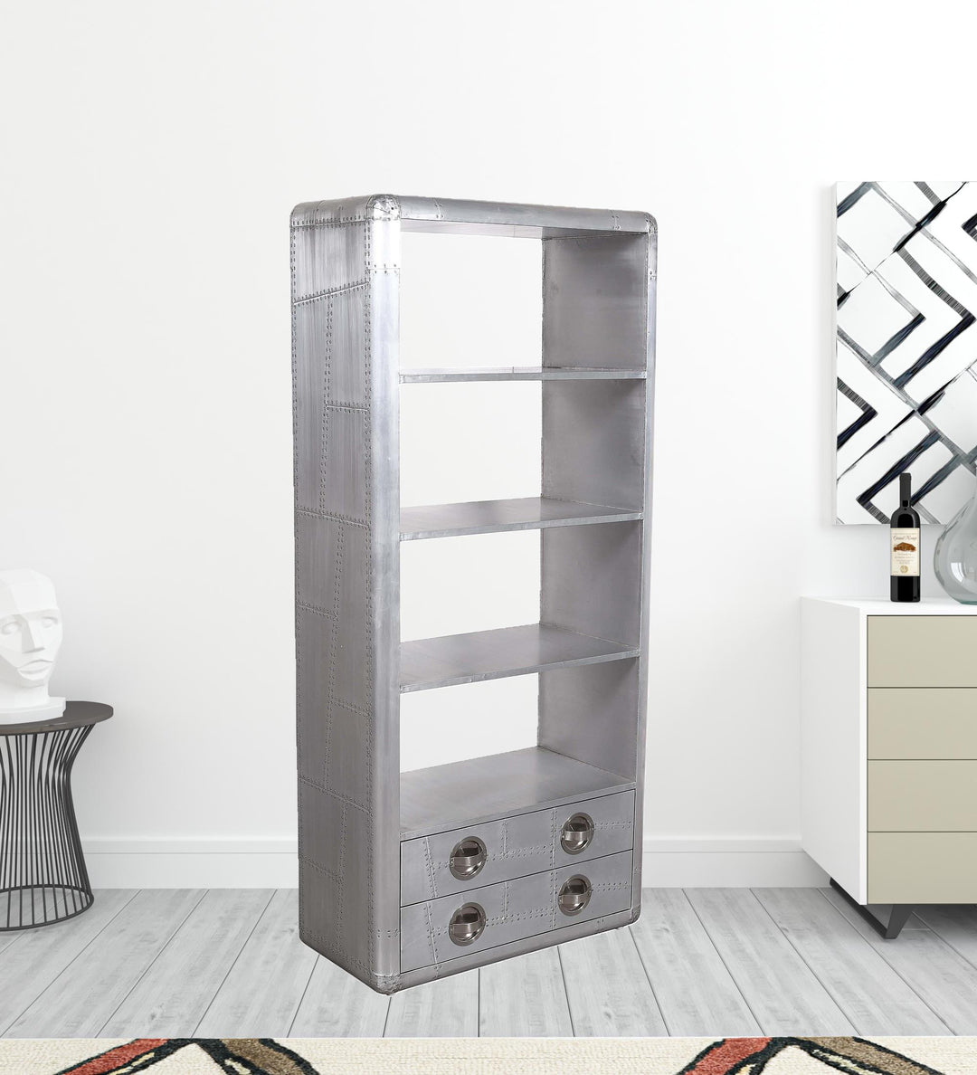 71" Silver Aluminum and Metal Four Tier Bookcase with Two Drawers