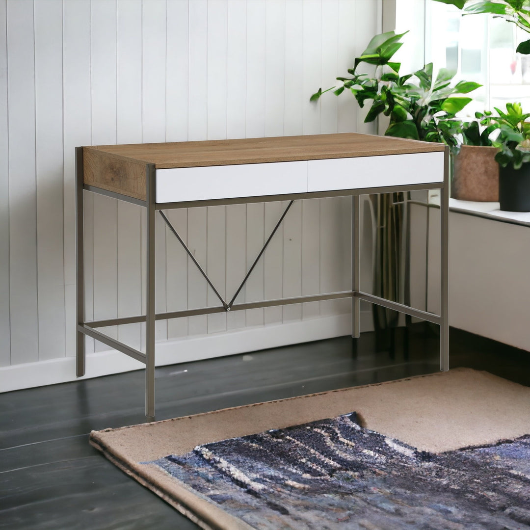 43" Natural and Bronze Writing Desk With Two Drawers