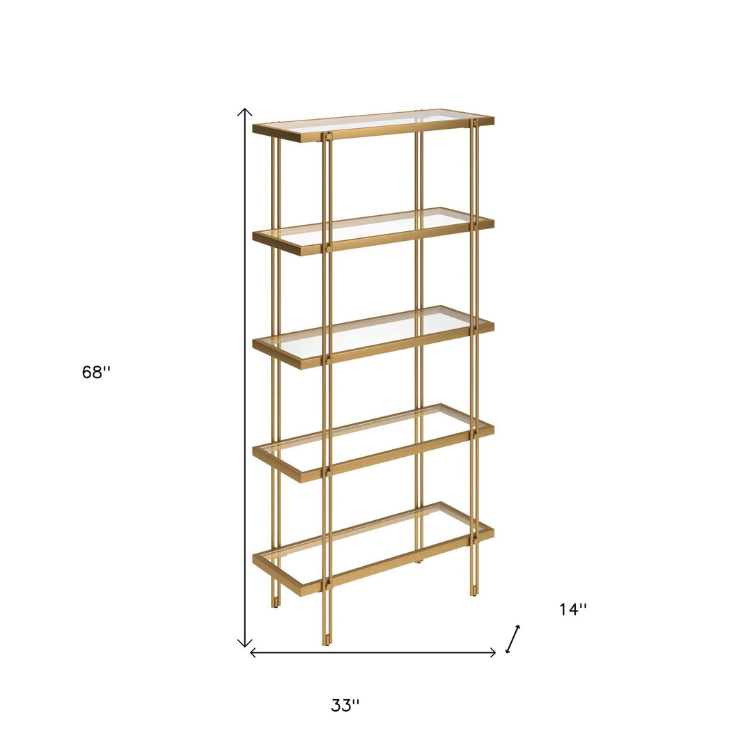 68" Gold Metal And Glass Five Tier Standard Bookcase