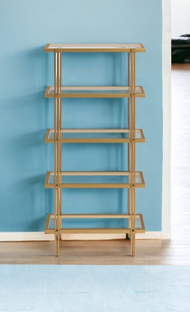 68" Gold Metal And Glass Five Tier Standard Bookcase