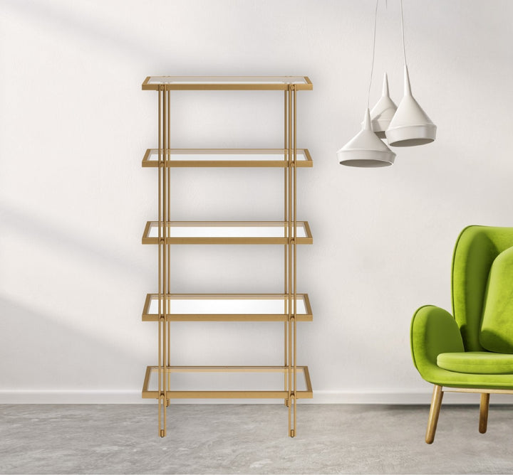 68" Gold Metal And Glass Five Tier Standard Bookcase