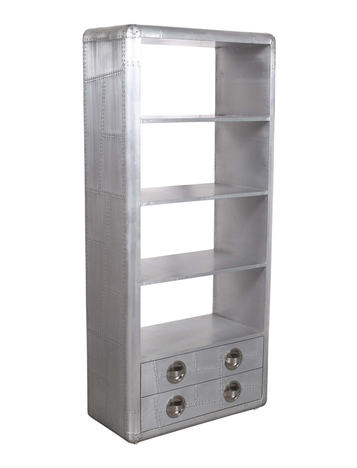 71" Silver Aluminum and Metal Four Tier Bookcase with Two Drawers