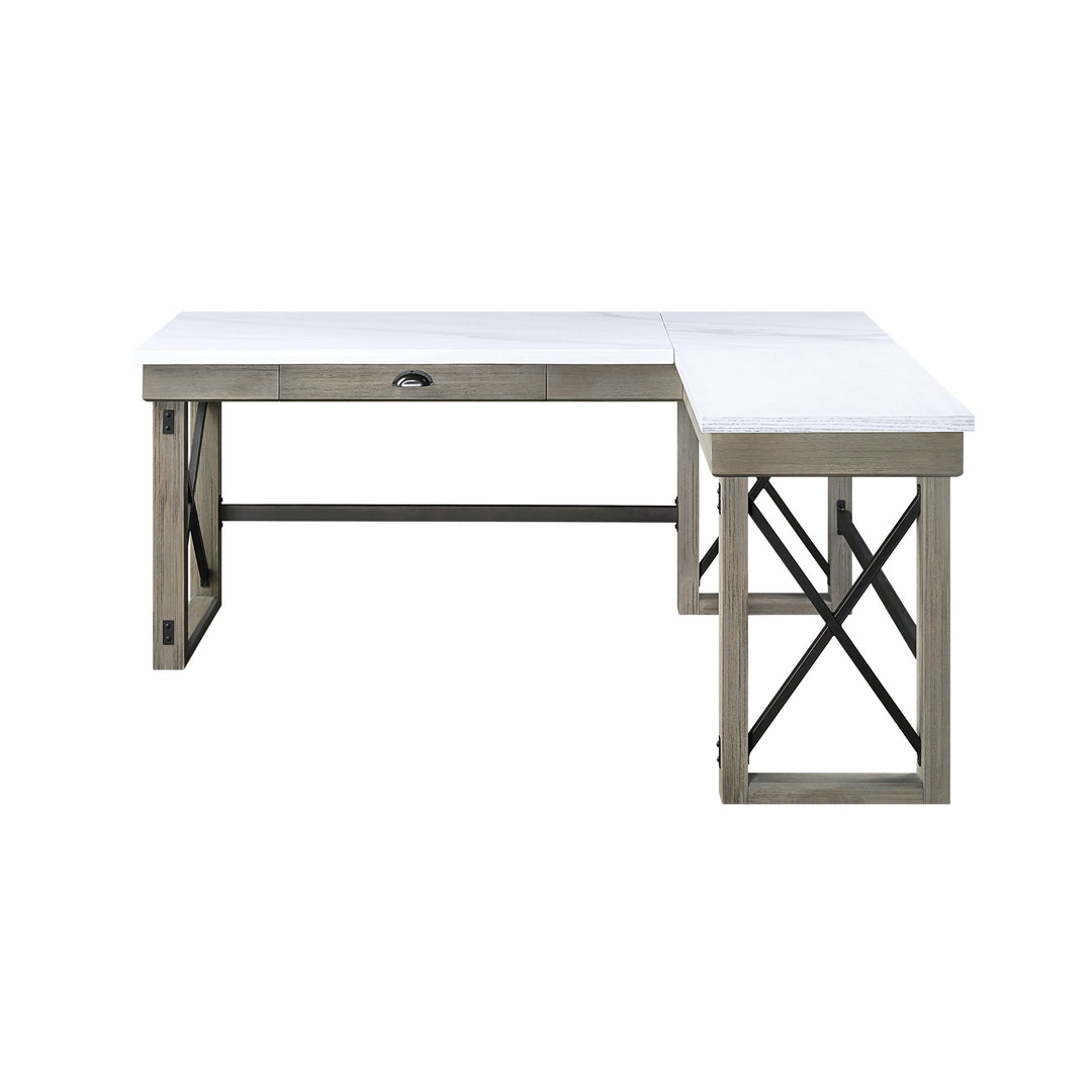 67" White and Brown Marble L Shape Writing Desk