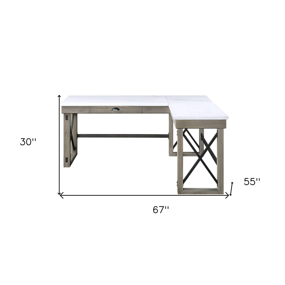 67" White and Brown Marble L Shape Writing Desk