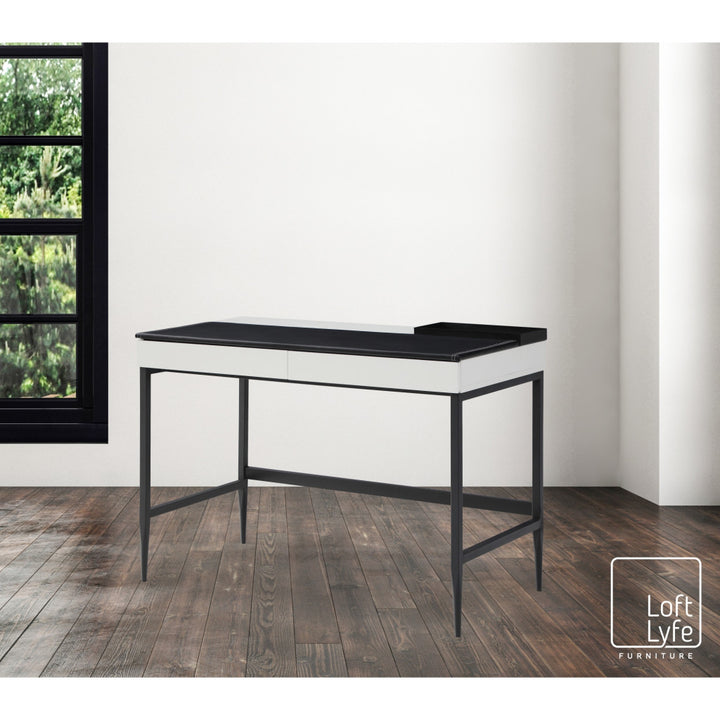 43" Black and White L Shape Writing Desk With Two Drawers