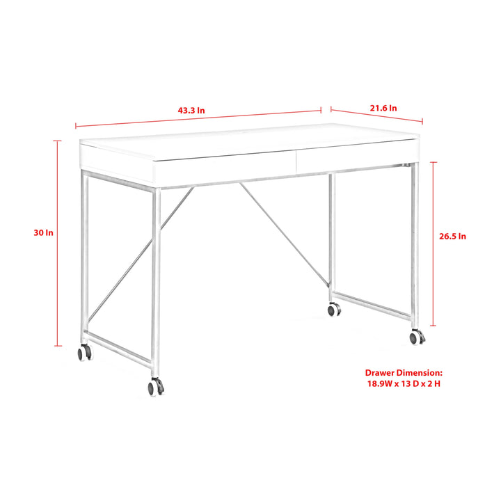 43" White and Navy Blue Writing Desk With Two Drawers