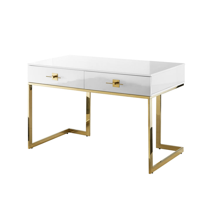 47" White and Gold Writing Desk With Two Drawers