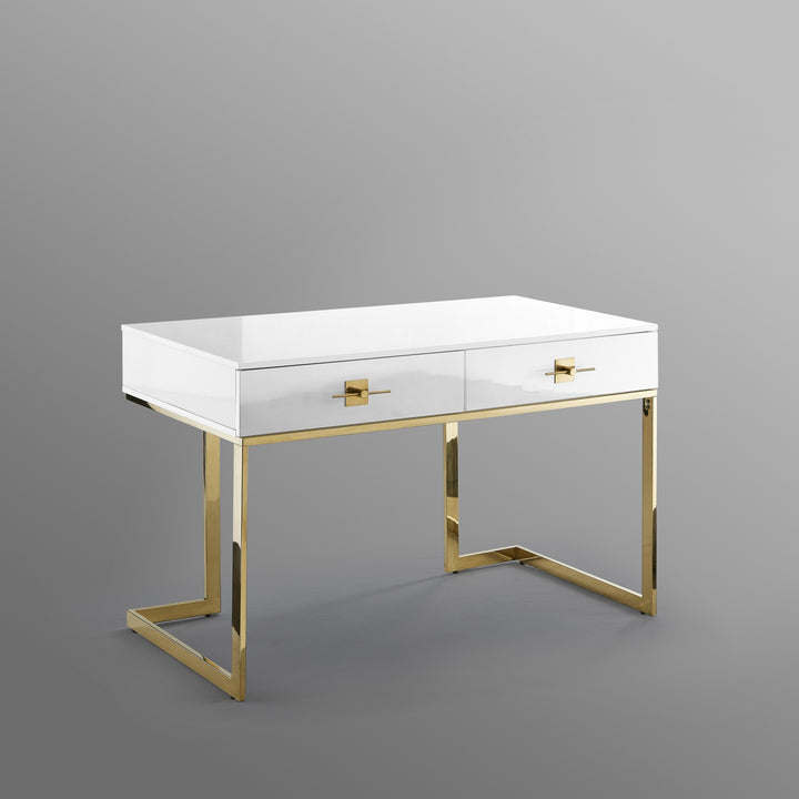 47" White and Gold Writing Desk With Two Drawers