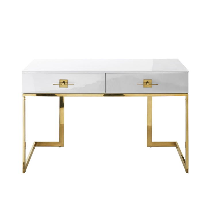 47" White and Gold Writing Desk With Two Drawers