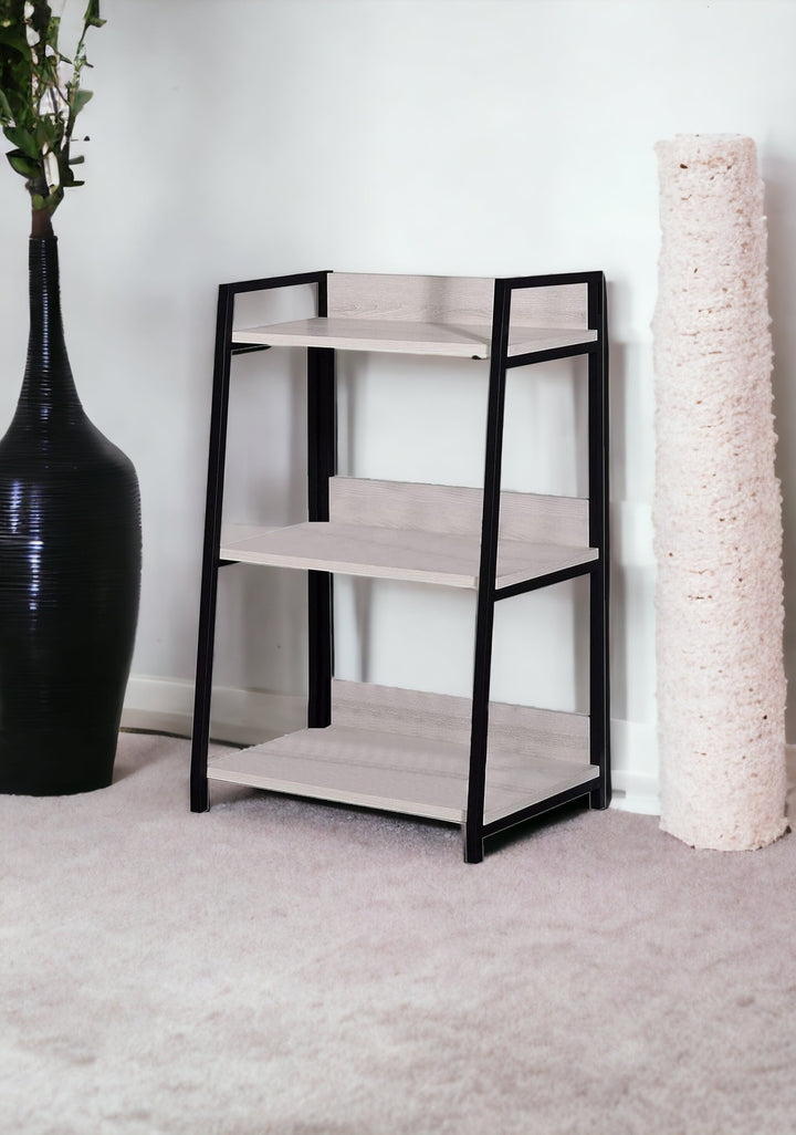 37" Natural and Black Metal Three Tier Ladder Bookcase