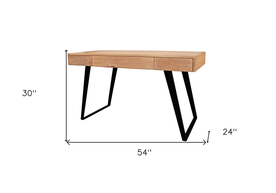 54" Natural And Black Mango Solid Wood Writing Desk With Three Drawers