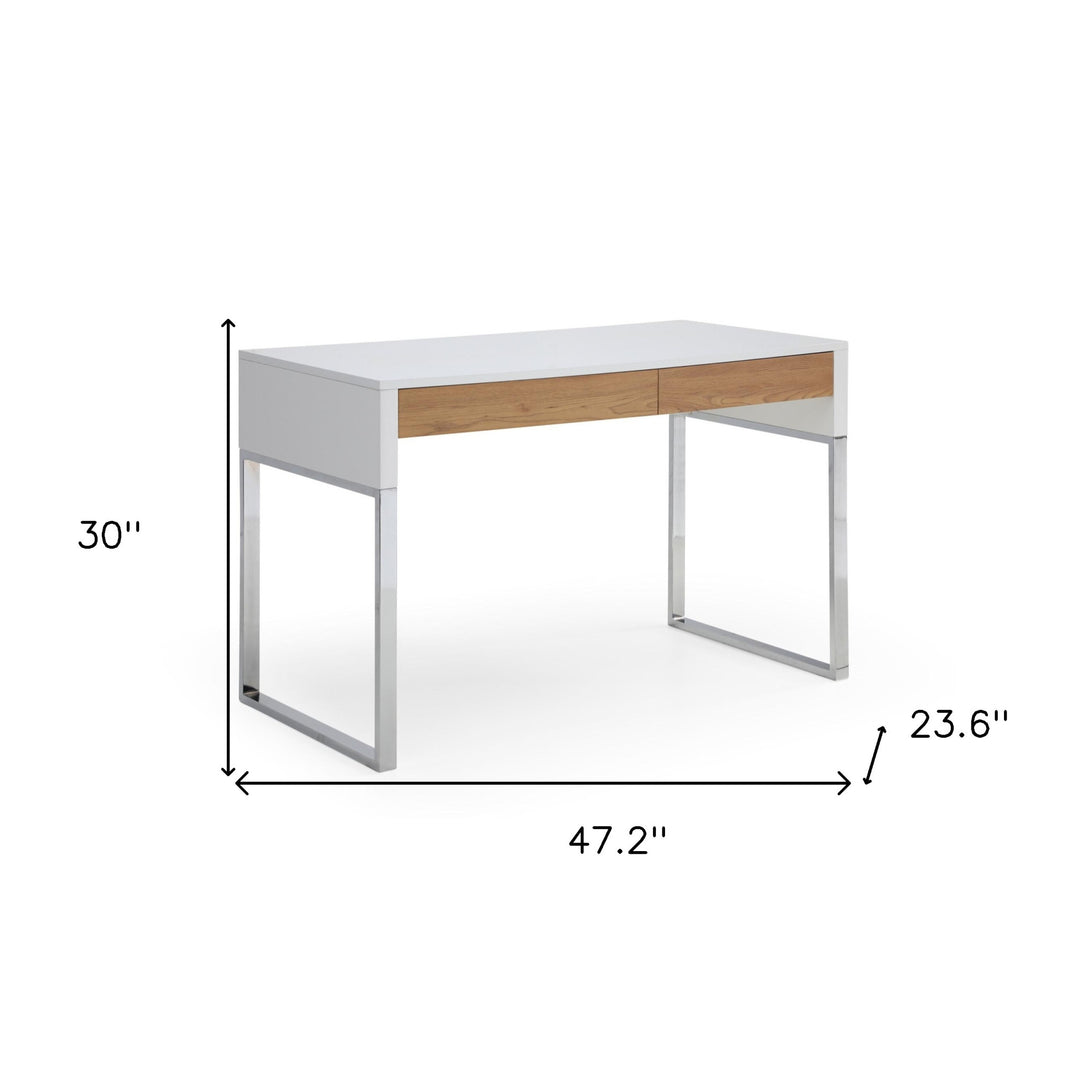 47" White and Silver Writing Desk With Two Drawers