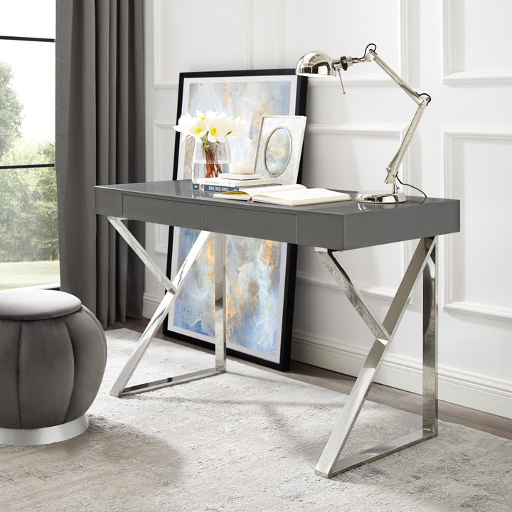 48" Dark Gray and Silver Metallic Writing Desk With Two Drawers