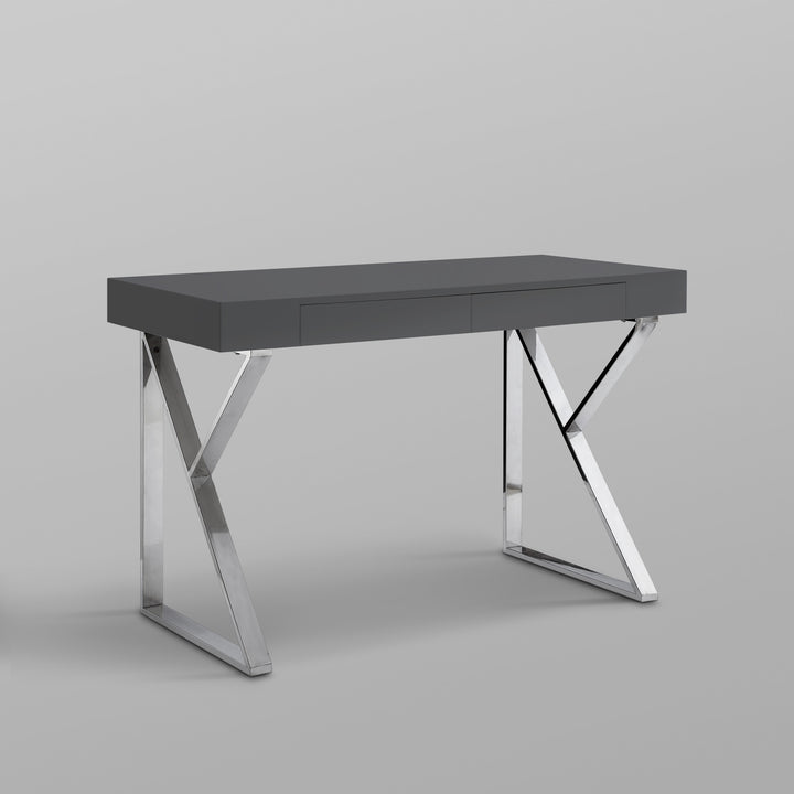 48" Dark Gray and Silver Metallic Writing Desk With Two Drawers