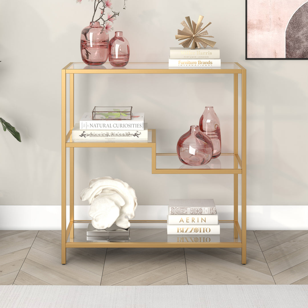 36" Gold Metal And Glass Four Tier Etagere Bookcase