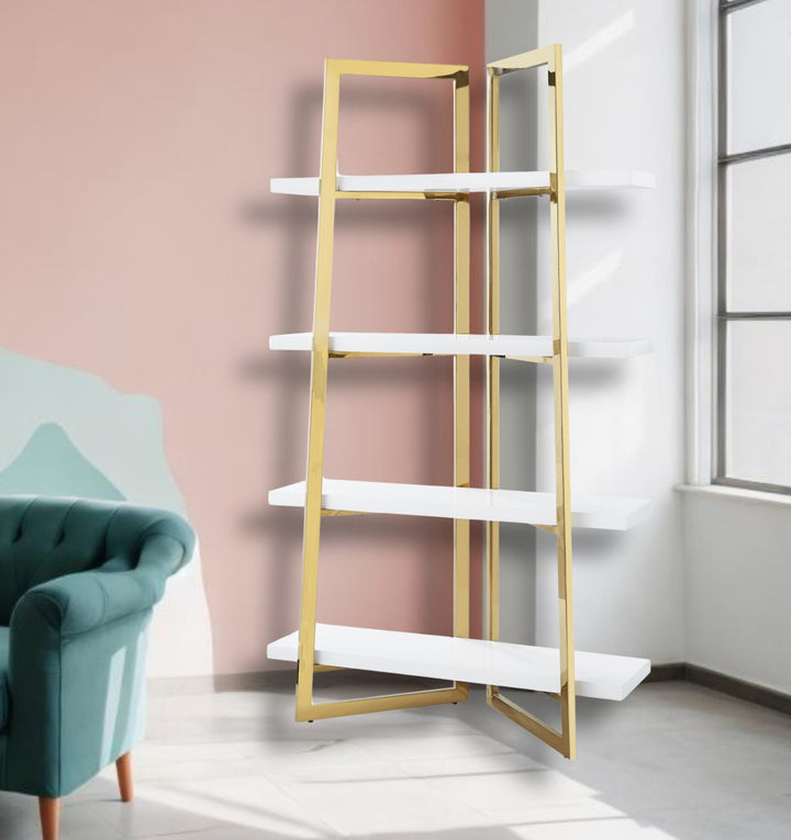 69" White Stainless Steel Four Tier Etagere Bookcase