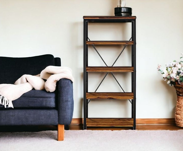 54" Brown and Black Metal Four Tier Etagere Bookcase