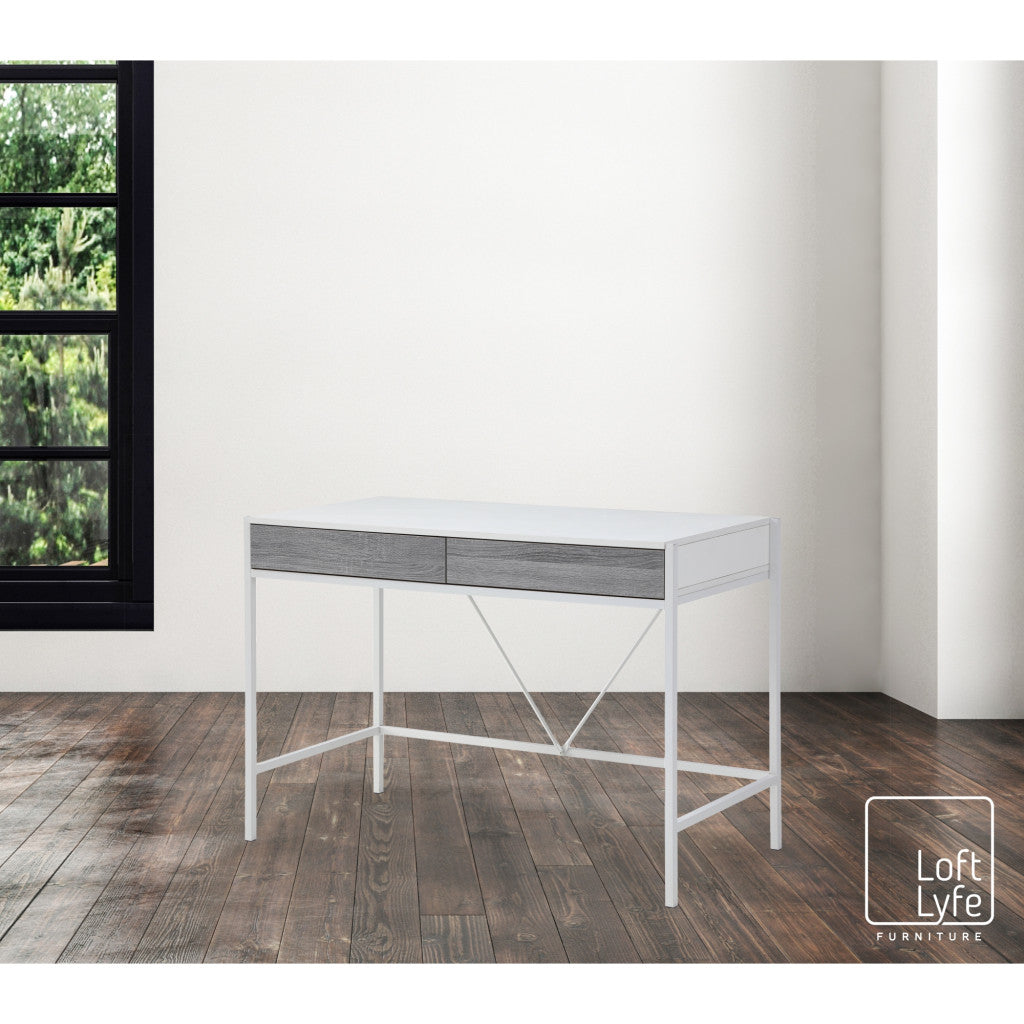 43" White and Gray Writing Desk With Two Drawers