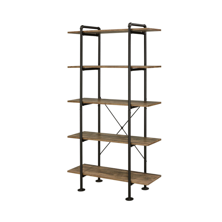 73" Brown and Black Metal Five Tier Etagere Bookcase