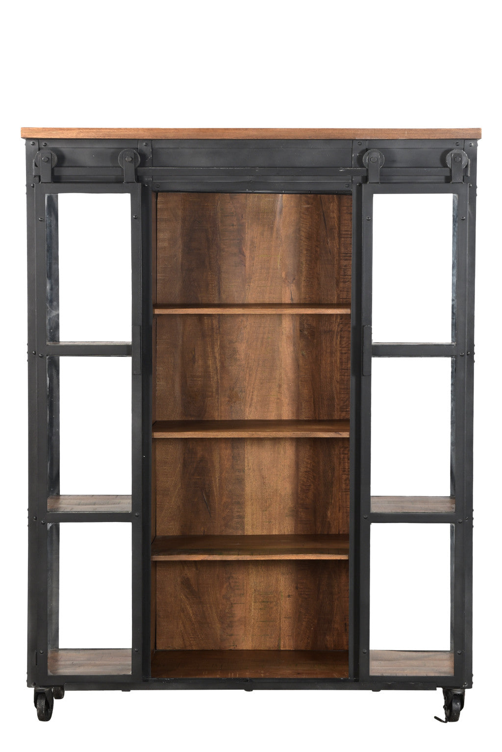 73" Brown Metal and Solid Wood Six Tier Bookcase with Two doors