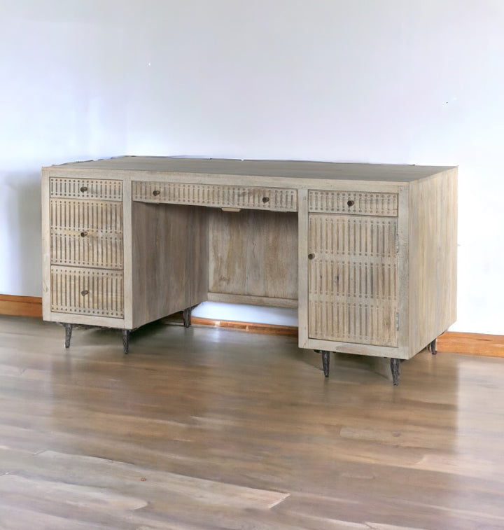 64" Ivory And Silver Mango Solid Wood Executive Desk With Five Drawers