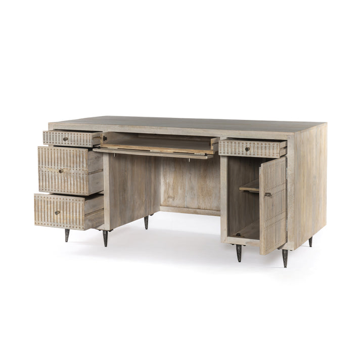 64" Ivory And Silver Mango Solid Wood Executive Desk With Five Drawers