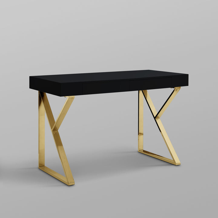 48" Black and Gold Writing Desk With Two Drawers