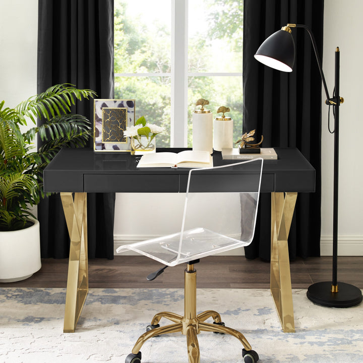 48" Black and Gold Writing Desk With Two Drawers