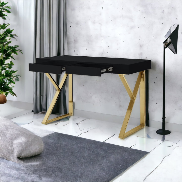 48" Black and Gold Writing Desk With Two Drawers