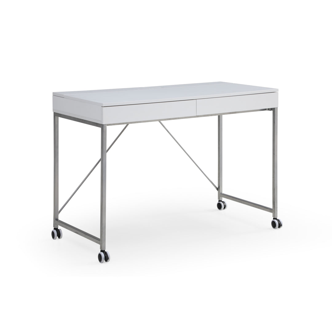 43" White and Silver Writing Desk With Two Drawers