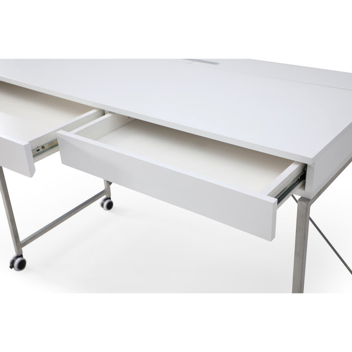 43" White and Silver Writing Desk With Two Drawers