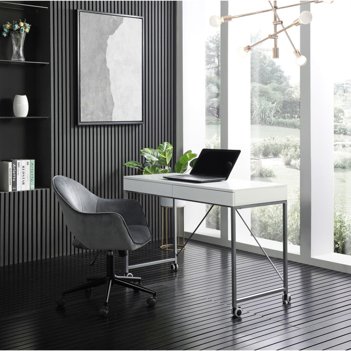 43" White and Silver Writing Desk With Two Drawers