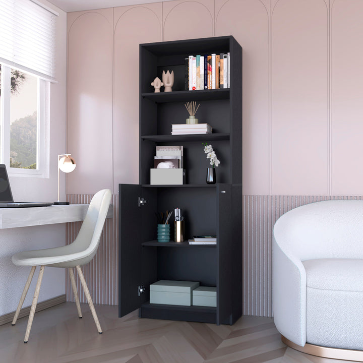 71" Black Five Tier Bookcase with Two doors