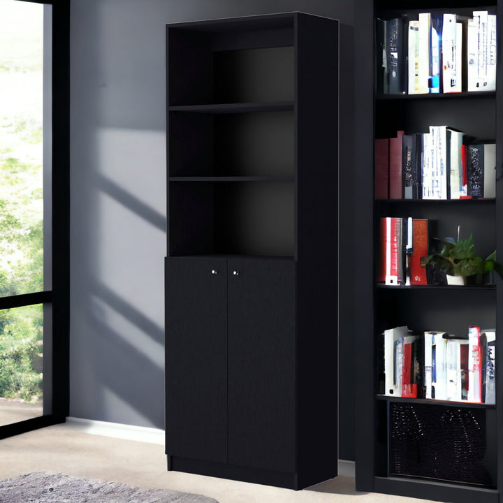 71" Black Five Tier Bookcase with Two doors