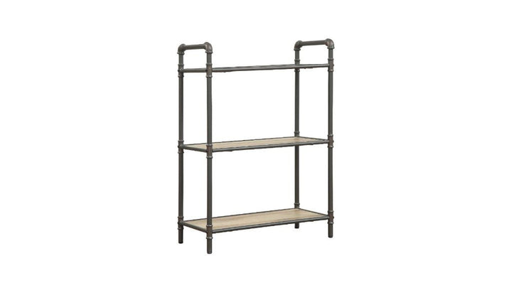 36" Antique Oak and Sandy Gray Metal Three Tier Standard Bookcase