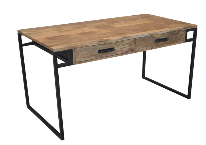 60" Natural And Black Mango Solid Wood Writing Desk With Two Drawers