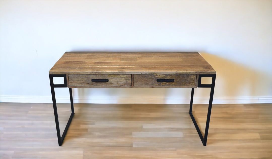 60" Natural And Black Mango Solid Wood Writing Desk With Two Drawers