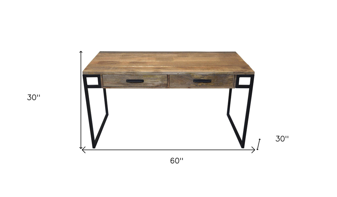 60" Natural And Black Mango Solid Wood Writing Desk With Two Drawers