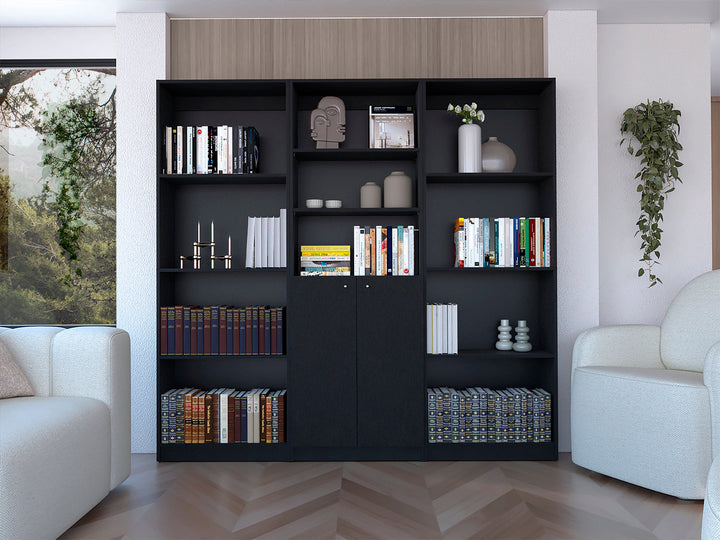 71" Black Five Tier Bookcase with Two doors