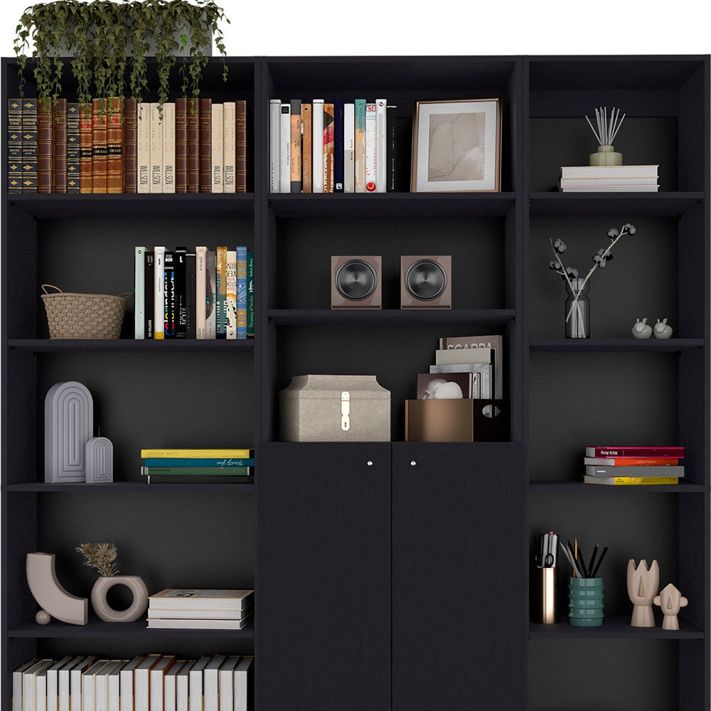 71" Black Five Tier Bookcase with Two doors