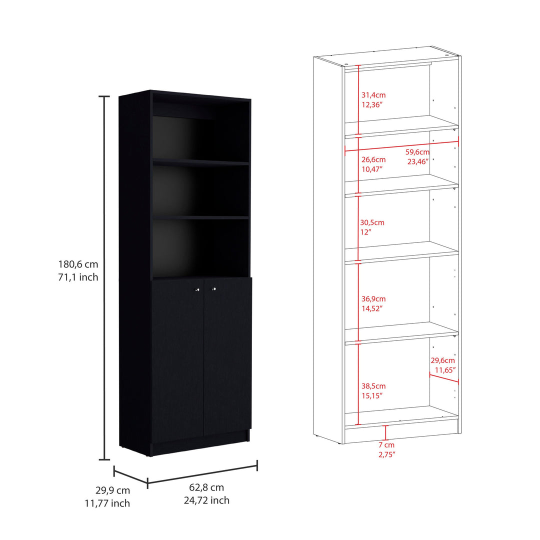 71" Black Five Tier Bookcase with Two doors