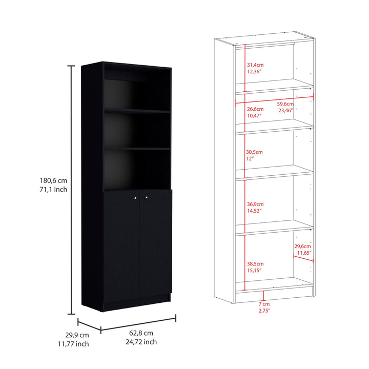 71" Black Five Tier Bookcase with Four doors