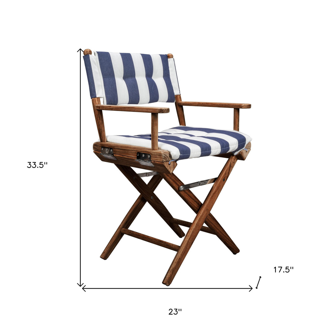 Blue and White And Brown Solid Wood Director Chair With Blue and White Cushion