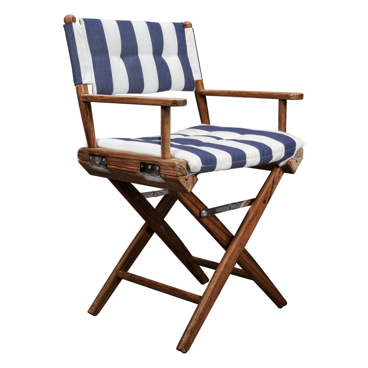 Blue and White And Brown Solid Wood Director Chair With Blue and White Cushion