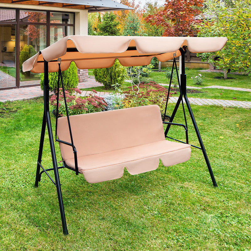 65" Beige And Black Metal Swing Chair With Beige Cushion