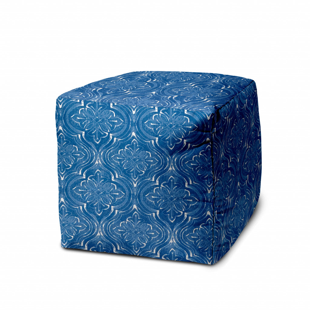 17" Blue and White Polyester Cube Damask Indoor Outdoor Pouf Ottoman