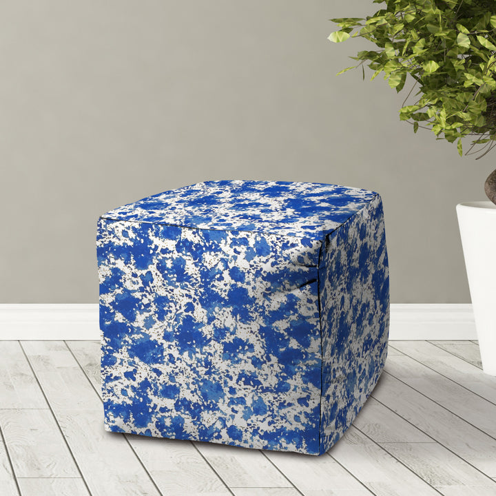 17" Blue and White Polyester Cube Abstract Indoor Outdoor Pouf Ottoman