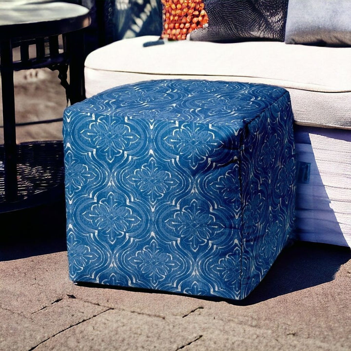 17" Blue and White Polyester Cube Damask Indoor Outdoor Pouf Ottoman