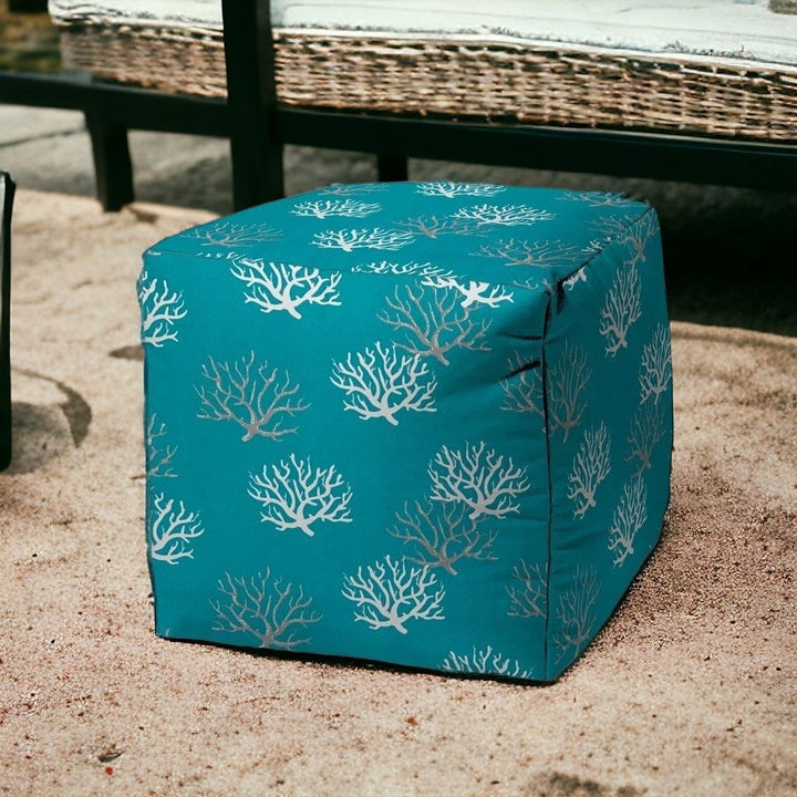 17" Blue and White Polyester Cube Coral Indoor Outdoor Pouf Ottoman